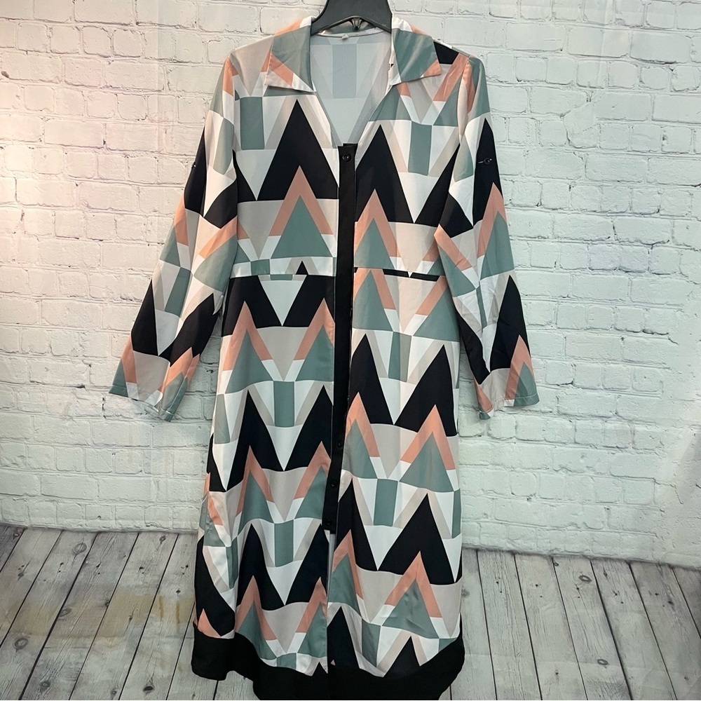 Geometric Chevron Maxi Shirt Dress Long Button Front Jacket Black Sage Peach - Picture 2 of 9